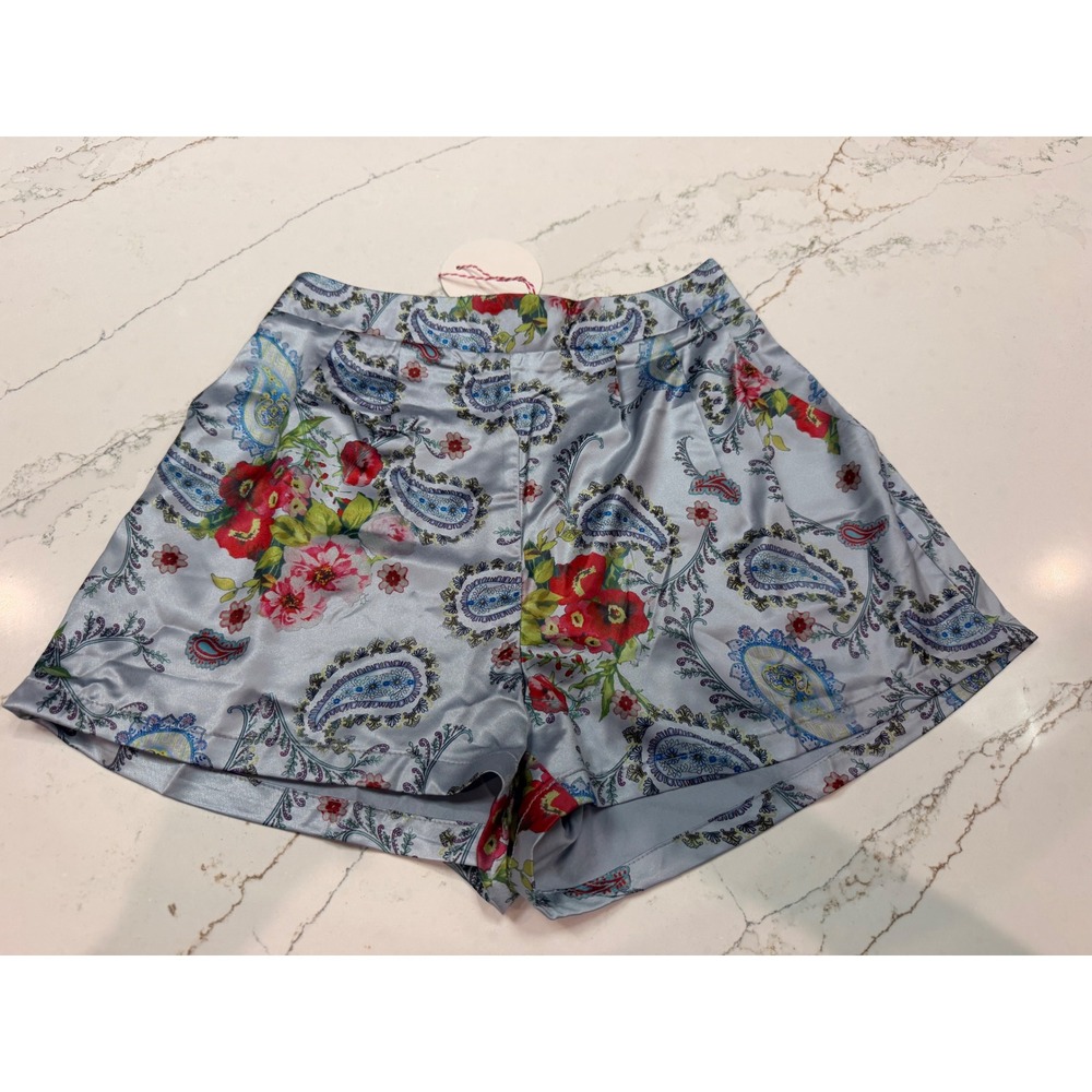 Umgee USA Womens Floral Paisley Satin Shorts Light Blue High Waist Small